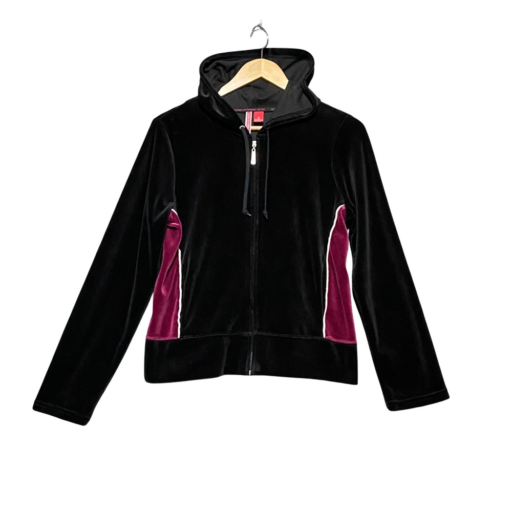 Vintage Y2K Gloria Vanderbilt Sport Velour Hoodie NWT Black Wine Track Jacket M